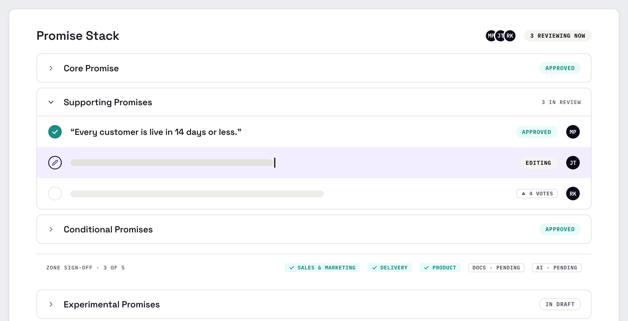 The Promise Stack workspace: a team agreeing one promise